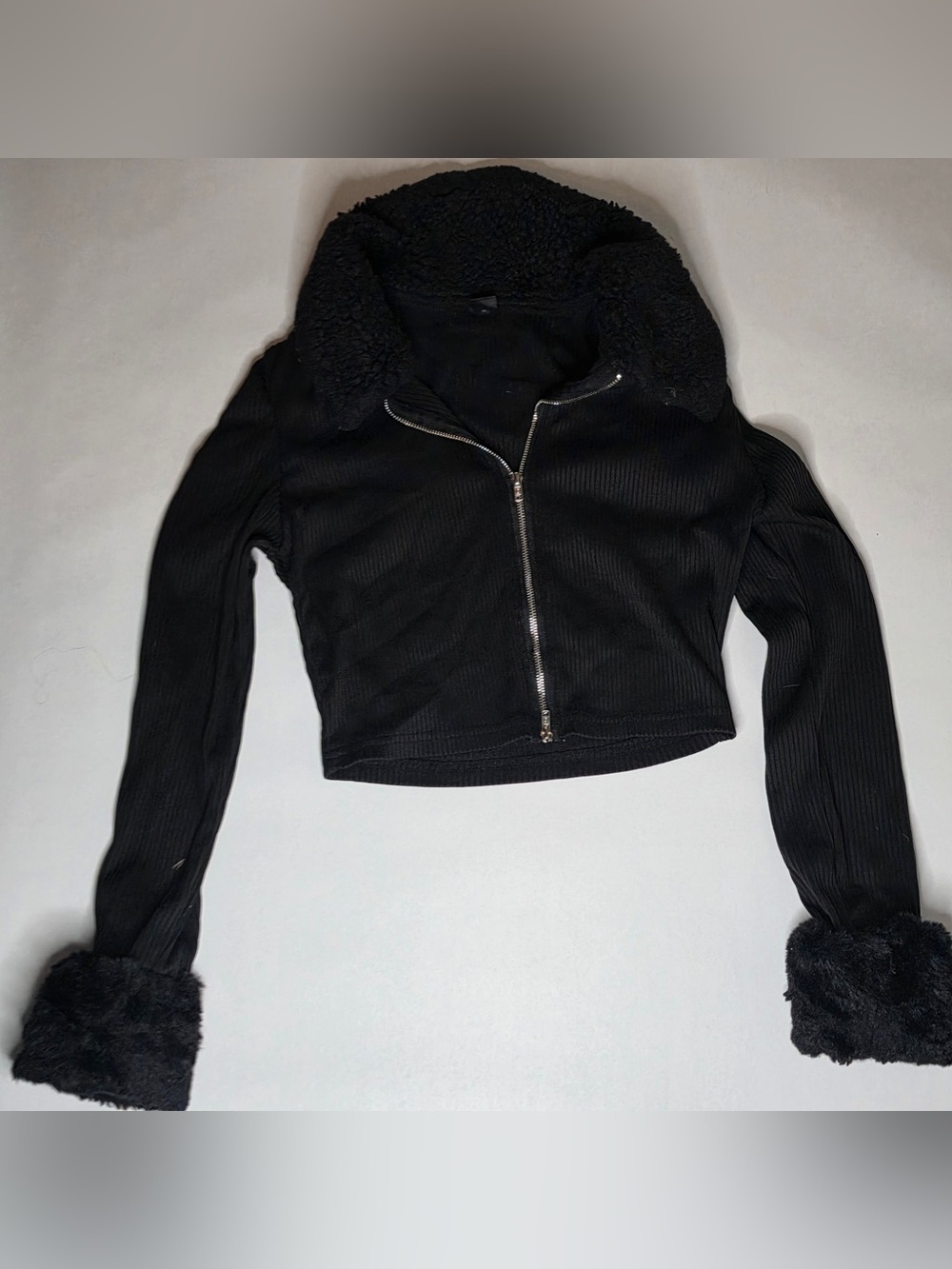 SHEIN Black Cropped Zip Teddy-Collar Jacket